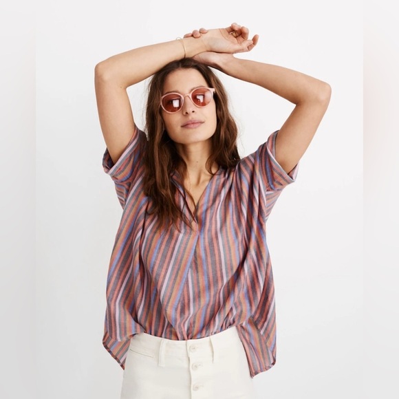 Madewell Courier Button Back Shirt Rainbow Mulled Wine Smith Stripe Contemporary - Picture 1 of 13